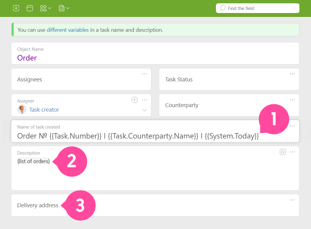 Картка об'єкта: поля Name of task creation, Description, Delivery address